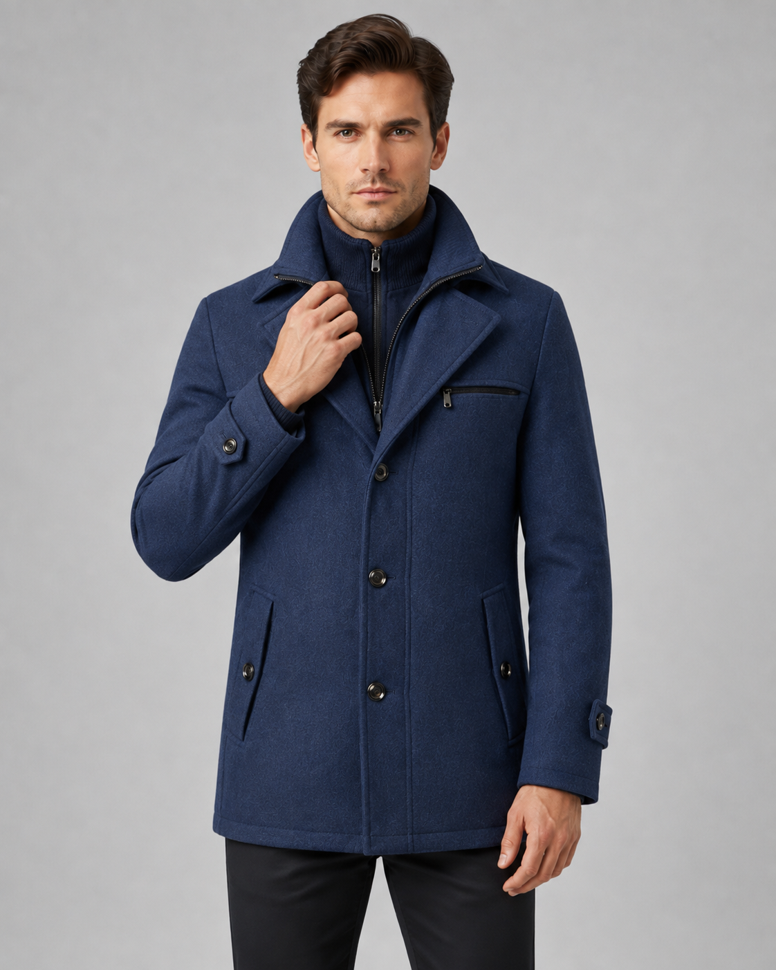 Scott wool coat zip insert funnel neck - back view