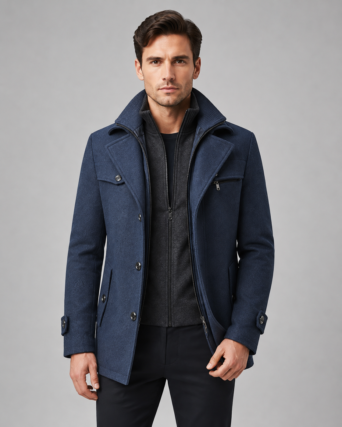 Scott wool coat zip insert funnel neck - bib detail