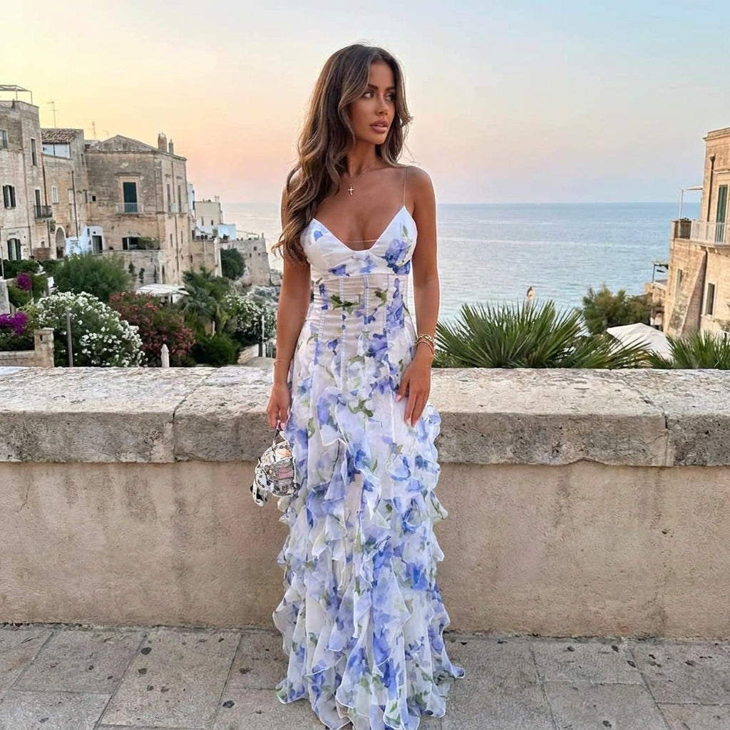 Sheena | Floral Corset Ruffle Maxi Dress
