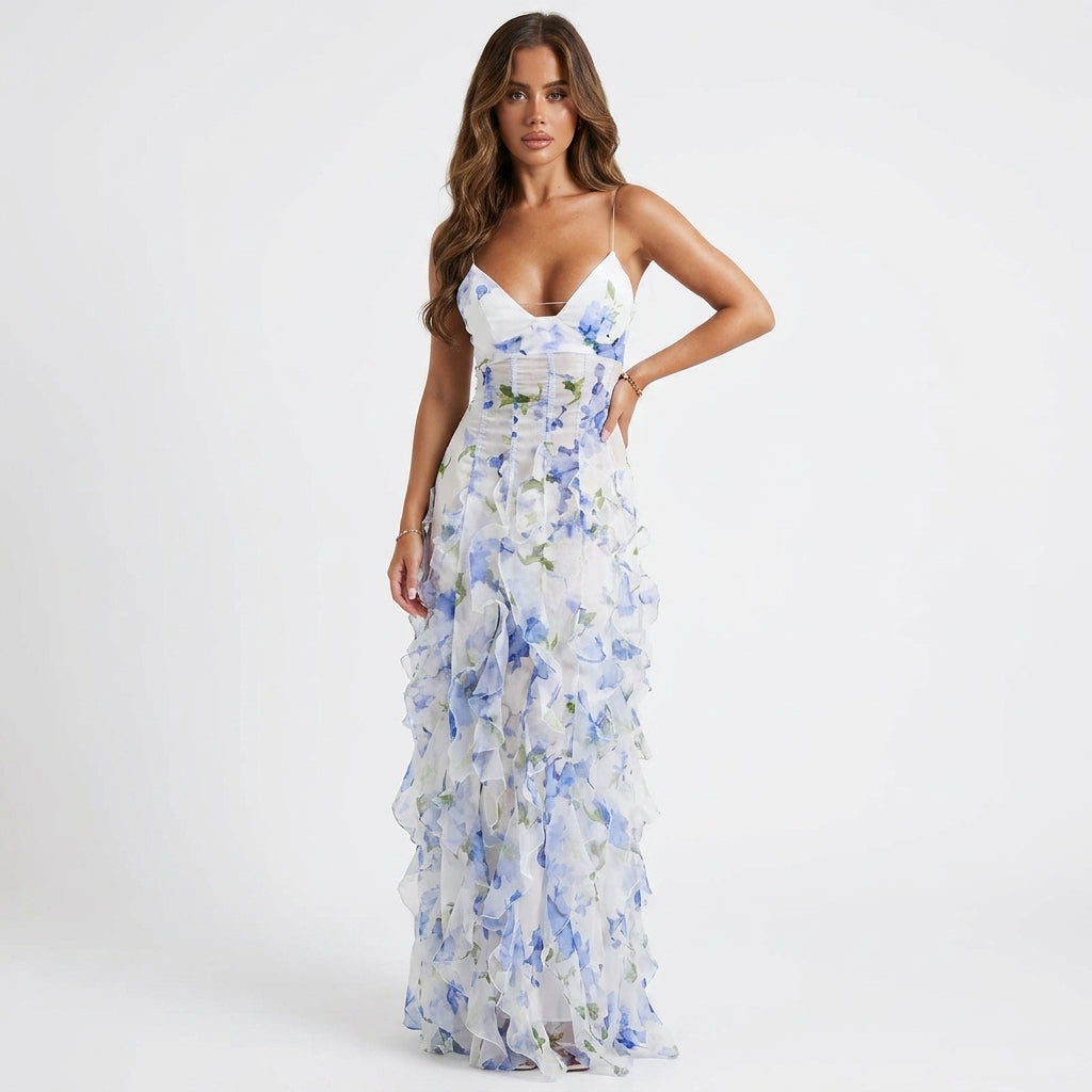 Sheena | Floral Corset Ruffle Maxi Dress