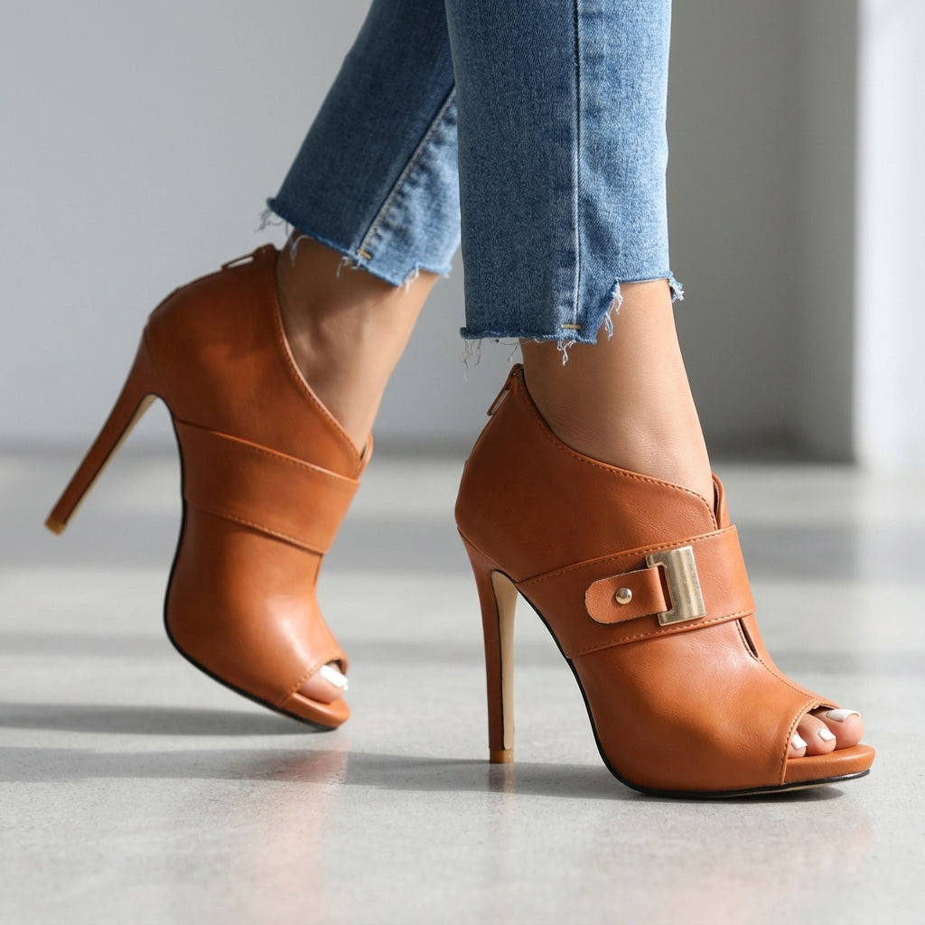 Shelby | Peep Toe Buckle Heeled Booties