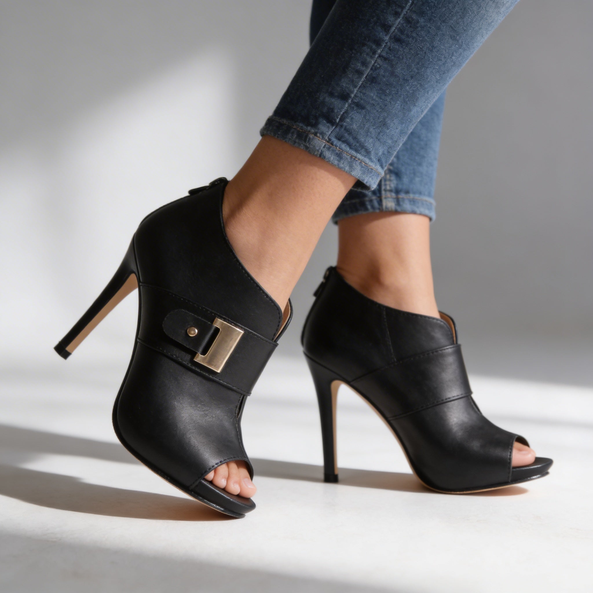 Shelby | Peep Toe Buckle Heeled Booties