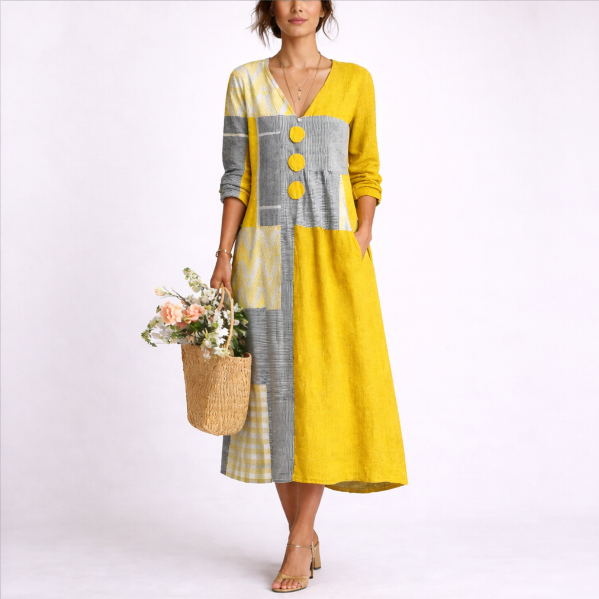Sienna | Women's V-Neck Patchwork Midi Dress
