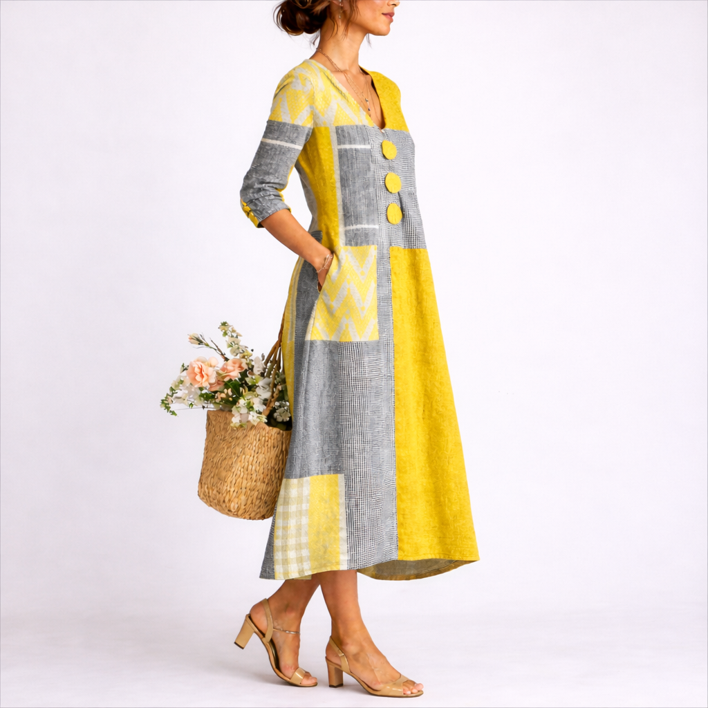 Sienna | Women's V-Neck Patchwork Midi Dress