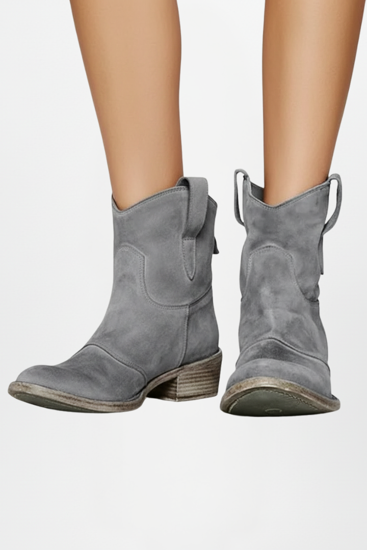 Gray suede ankle boots on a white background