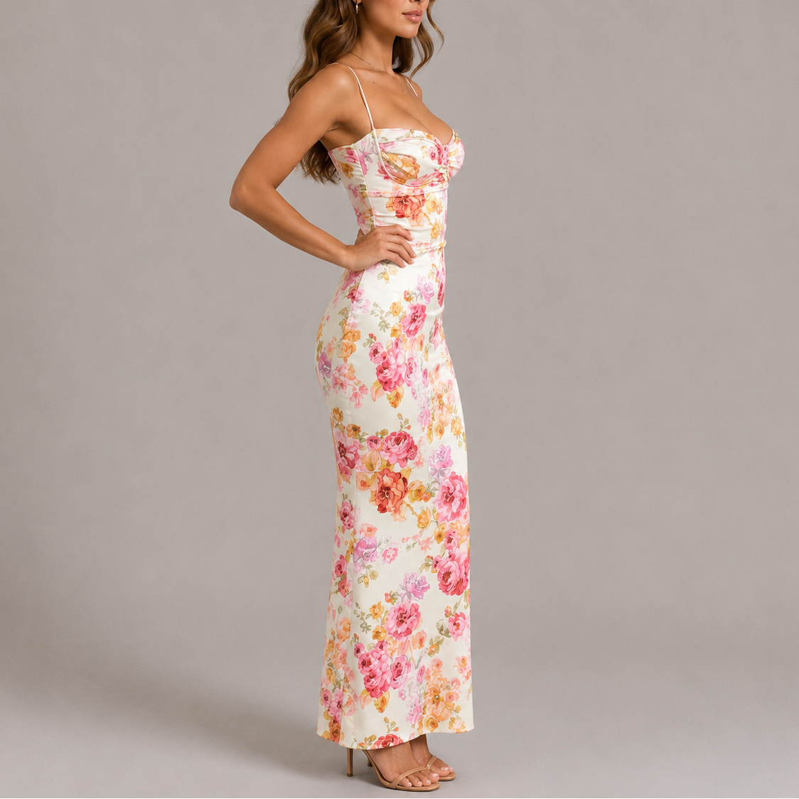 Sonia | Rose Print Maxi Dress with Spaghetti Straps
