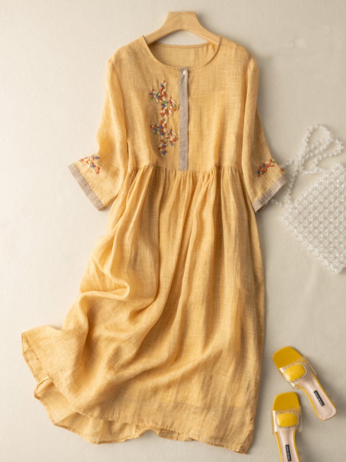 Stefania | Embroidered Linen Midi Dress