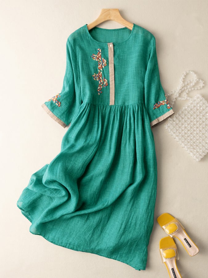 Stefania | Embroidered Linen Midi Dress