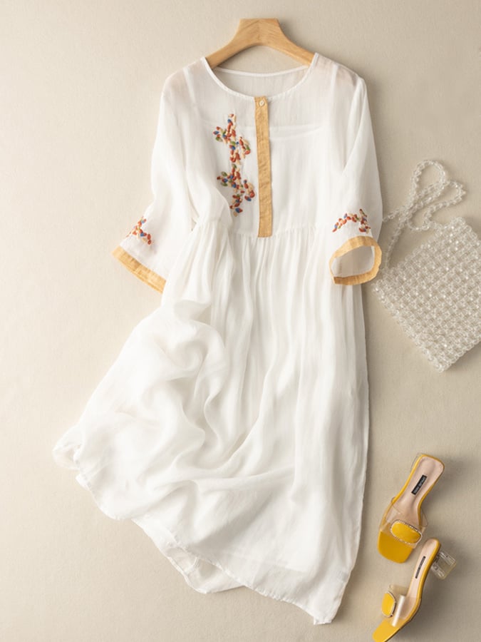 Stefania | Embroidered Linen Midi Dress