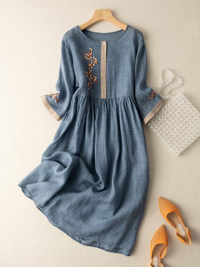 Stefania | Embroidered Linen Midi Dress