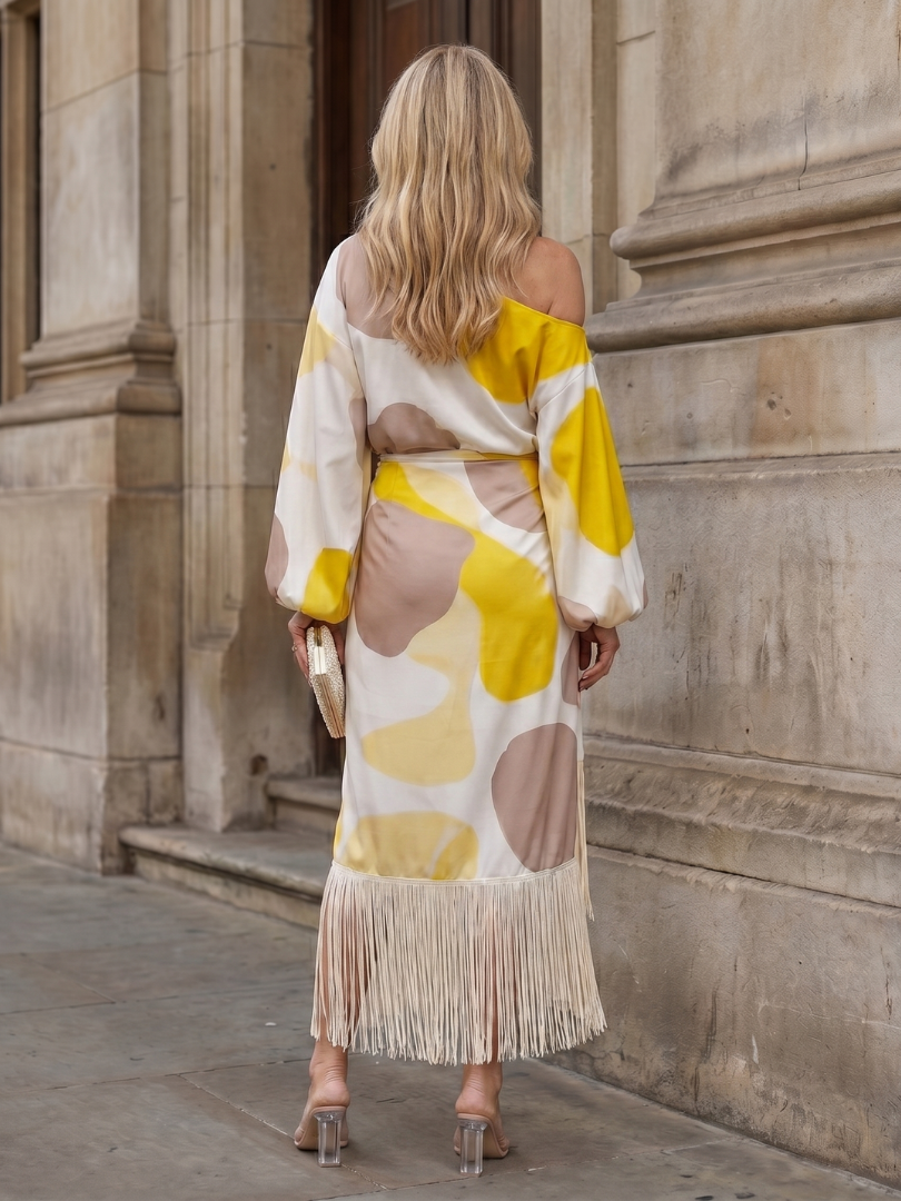 Sydney | One-Shoulder Fringe Wrap Midi Dress