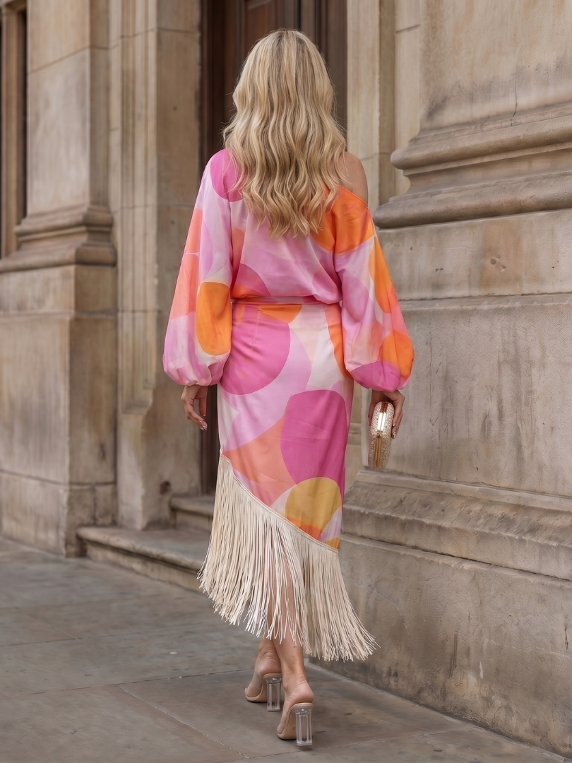 Sydney | One-Shoulder Fringe Wrap Midi Dress