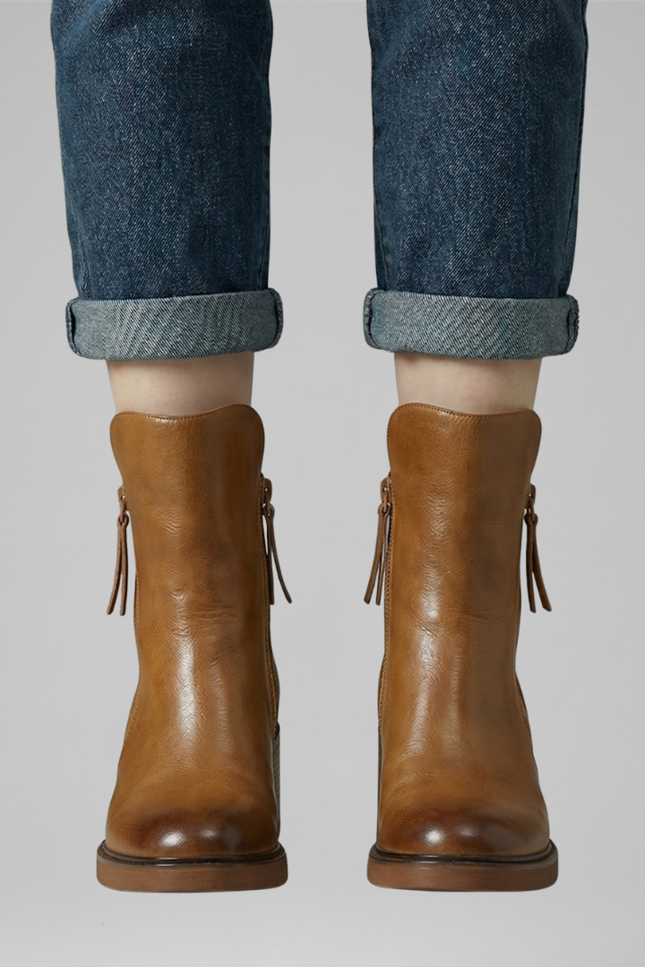 Brown leather boots worn with rolled-up jeans on a neutral background