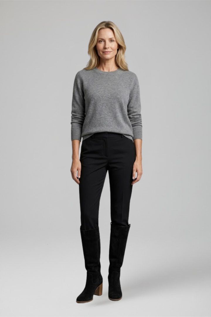 Woman wearing a gray sweater, black pants, and black knee-high boots on a light gray background