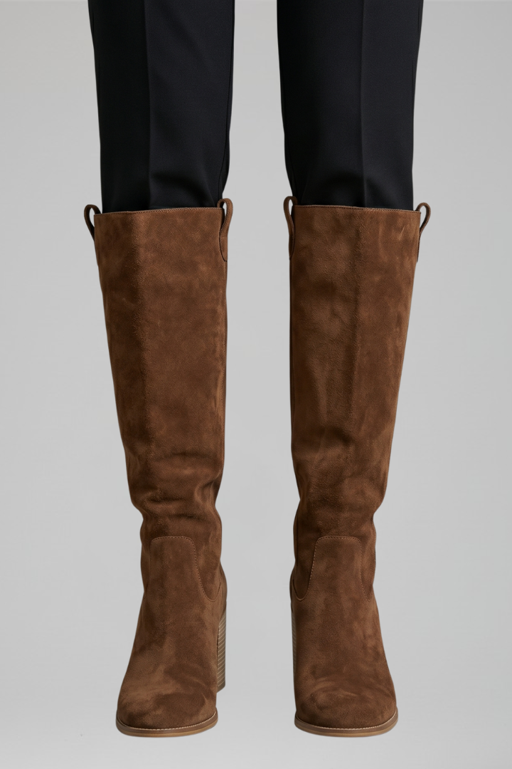 Brown knee-high boots worn with black pants on a gray background