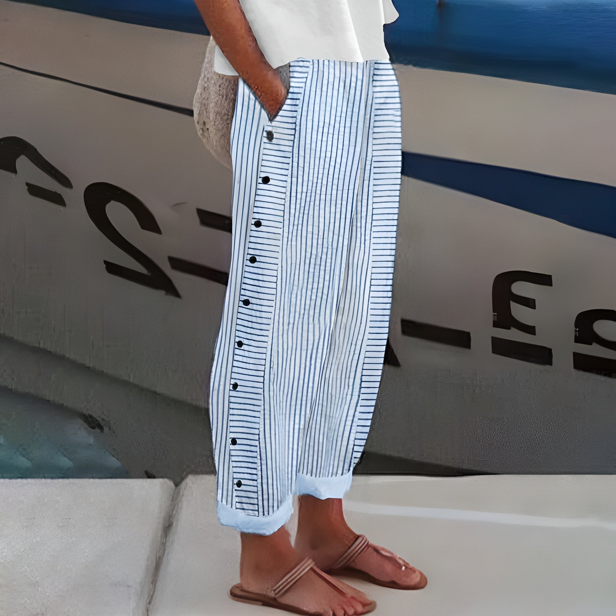 Tessa striped button detail trousers - front view