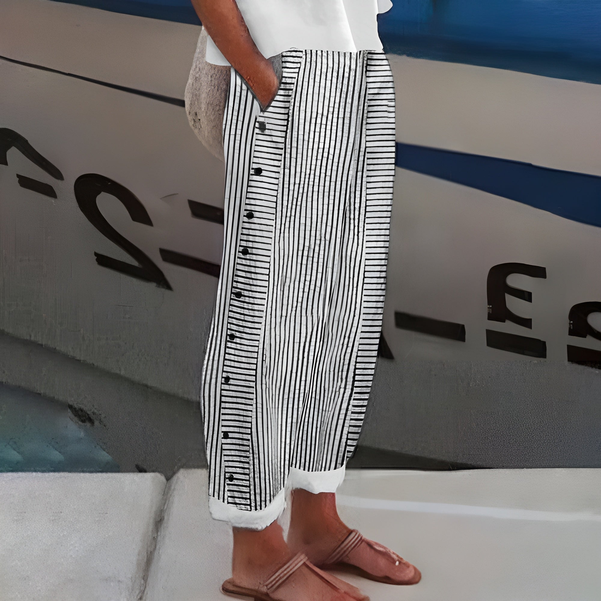 Tessa striped button detail trousers - side view