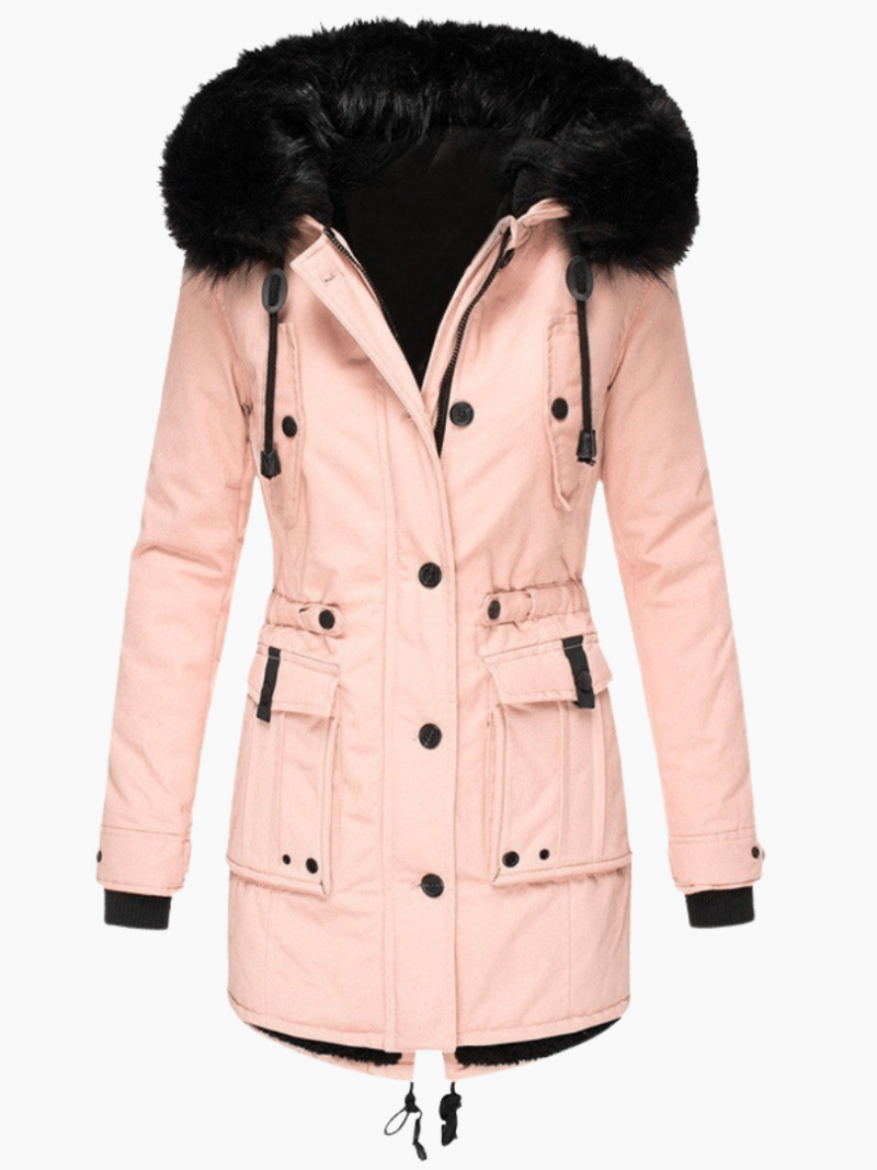 Vivian hooded parka front pockets - side view