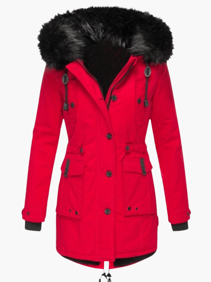 Vivian hooded parka front pockets - back view