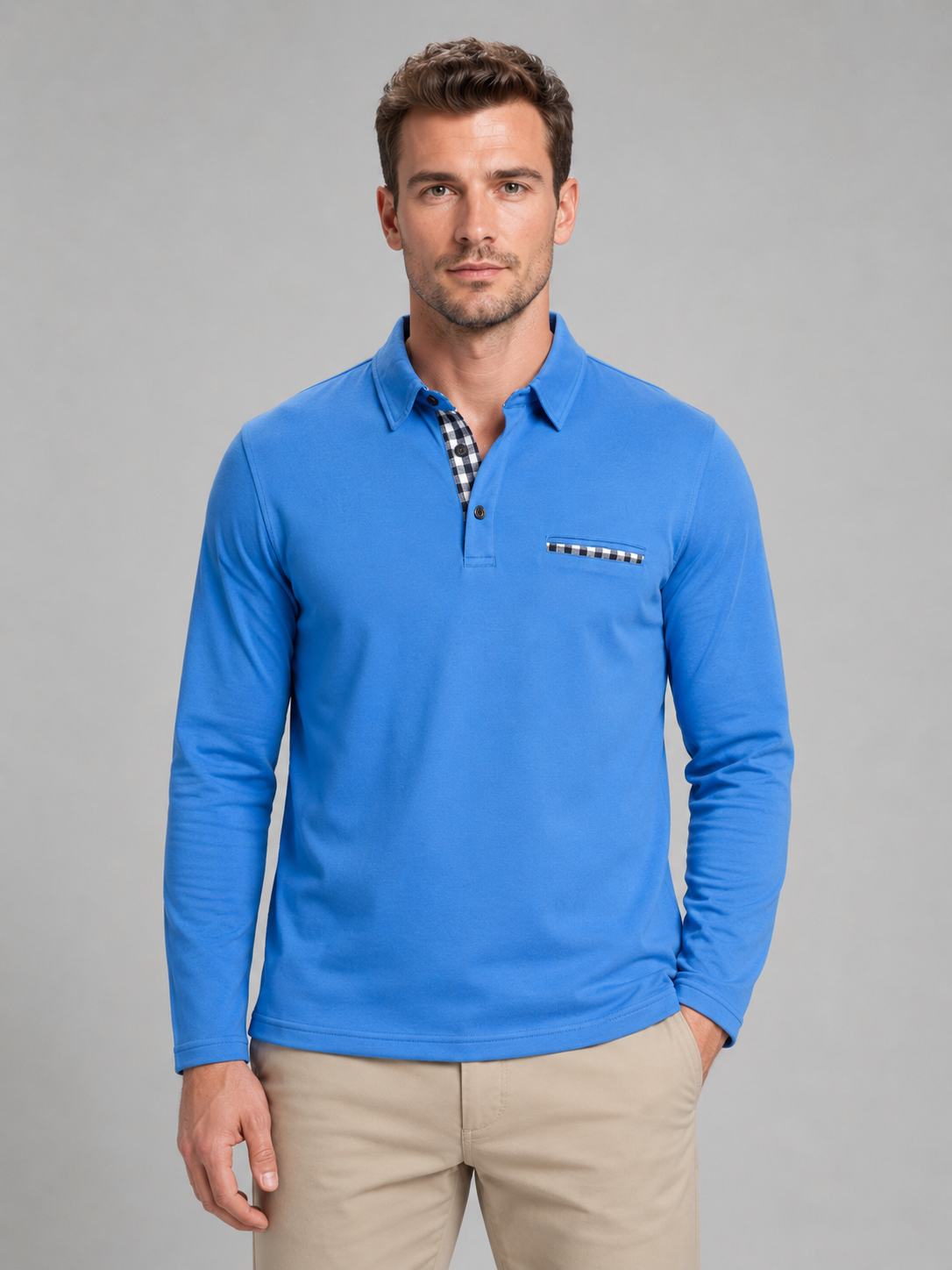 Walter long sleeve polo shirt gingham trim - front view