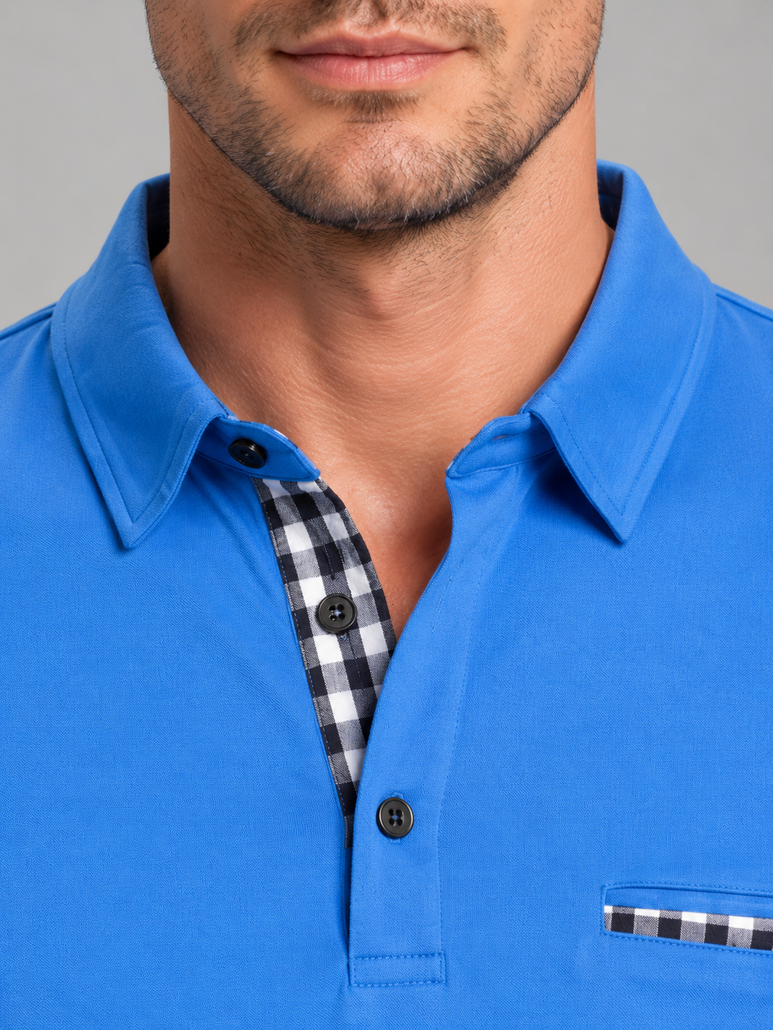 Walter long sleeve polo shirt gingham trim - back view