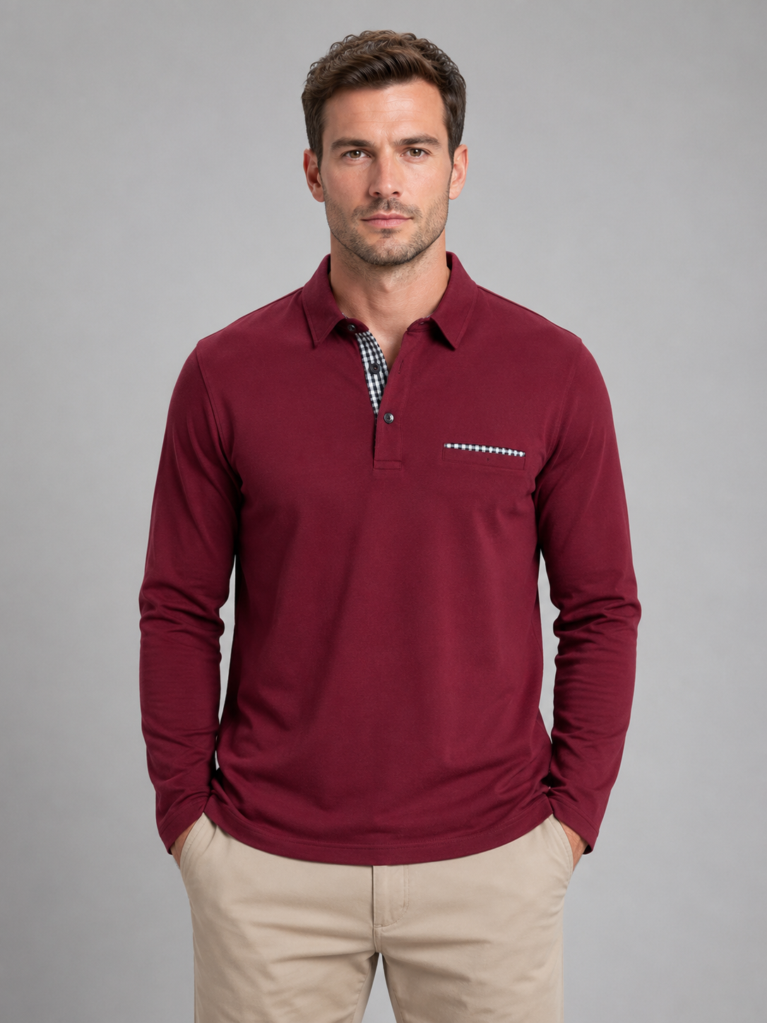 Walter long sleeve polo shirt gingham trim - collar detail