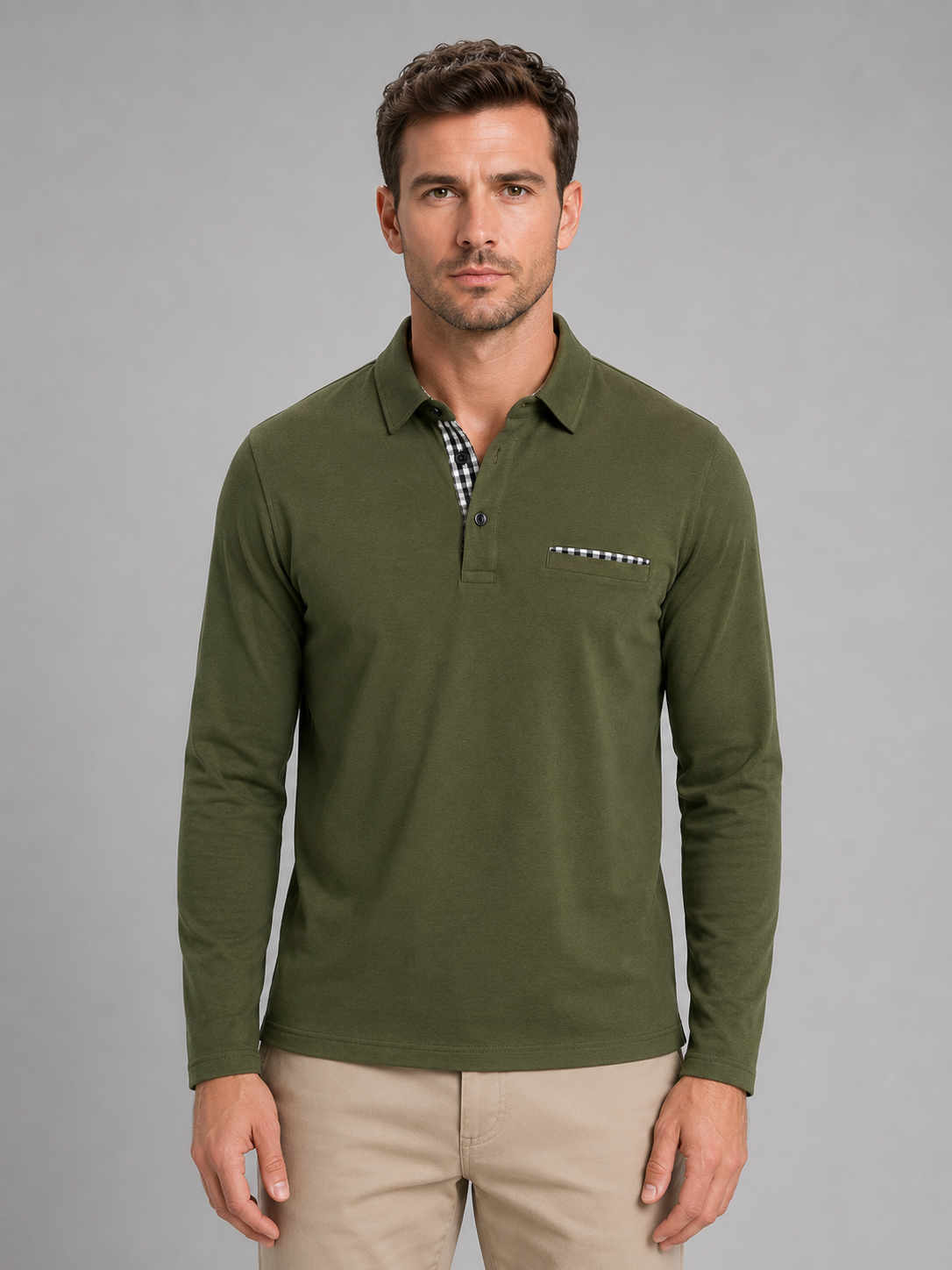 Walter long sleeve polo shirt gingham trim - color options