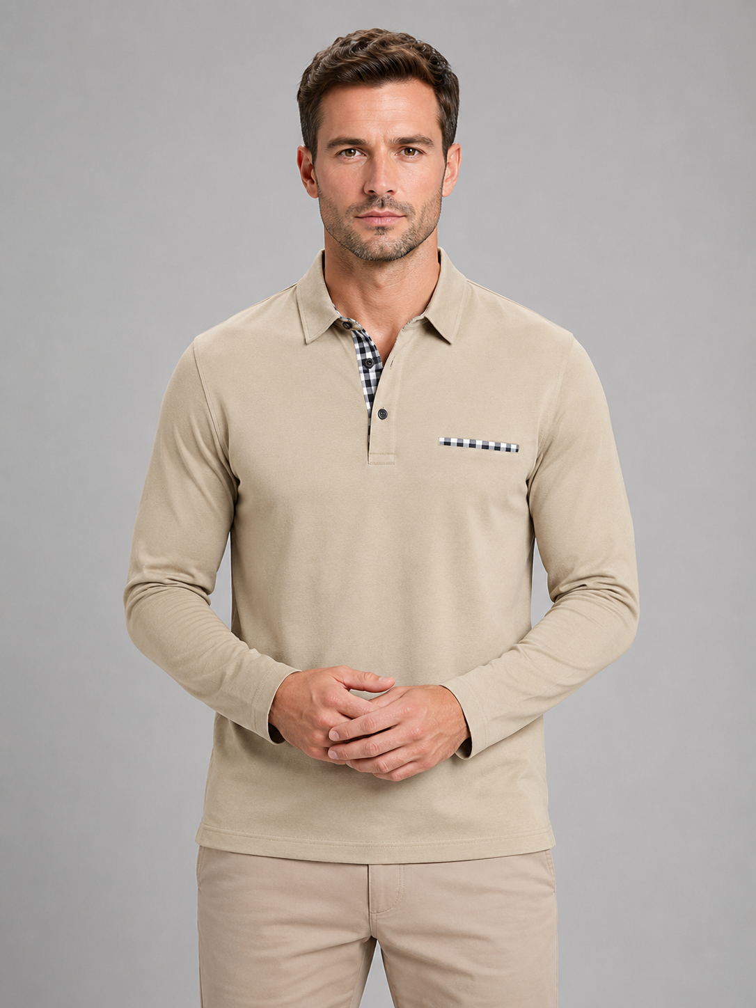 Walter long sleeve polo shirt gingham trim - styled outfit