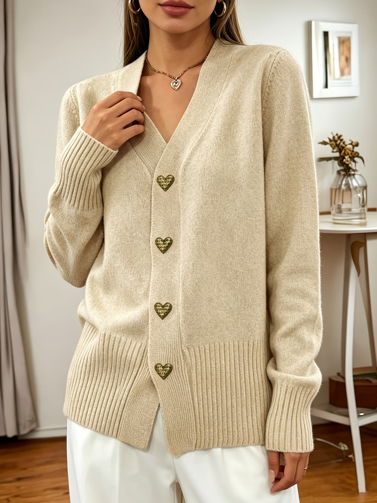 Wilhelmina | Heart-Button V-Neck Cardigan