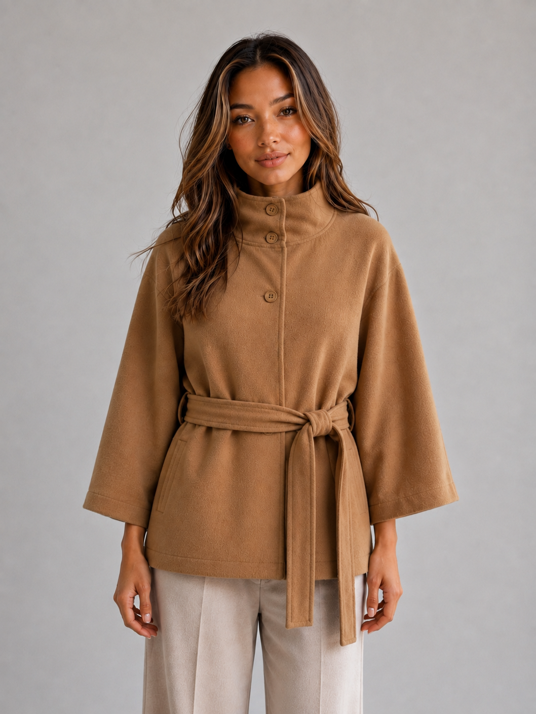 Wilma belted cape jacket stand collar - front view