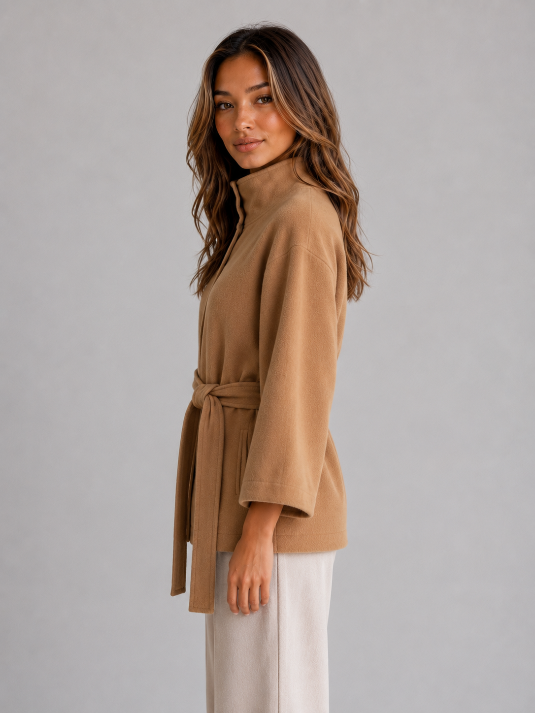 Wilma belted cape jacket stand collar - back view