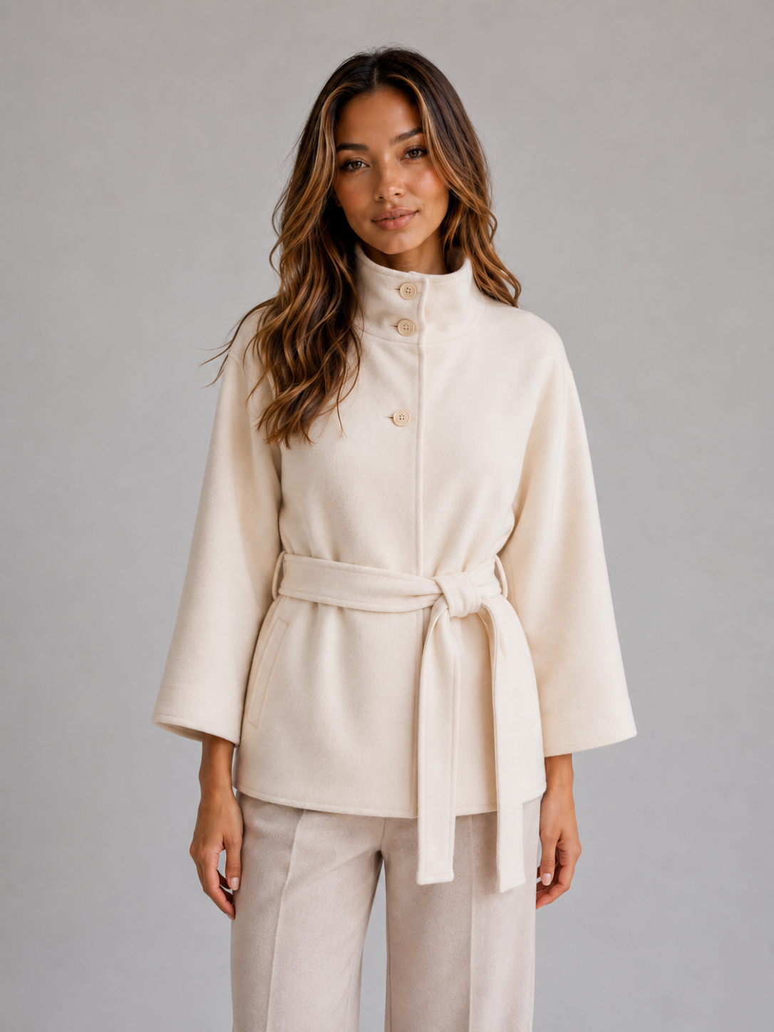 Wilma belted cape jacket stand collar - belt detail