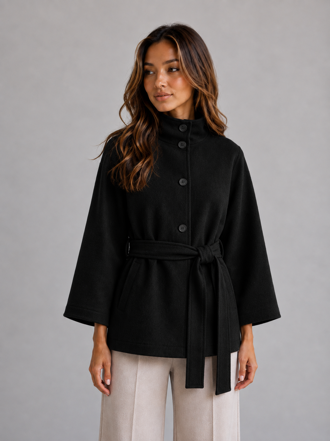 Wilma belted cape jacket stand collar - color options