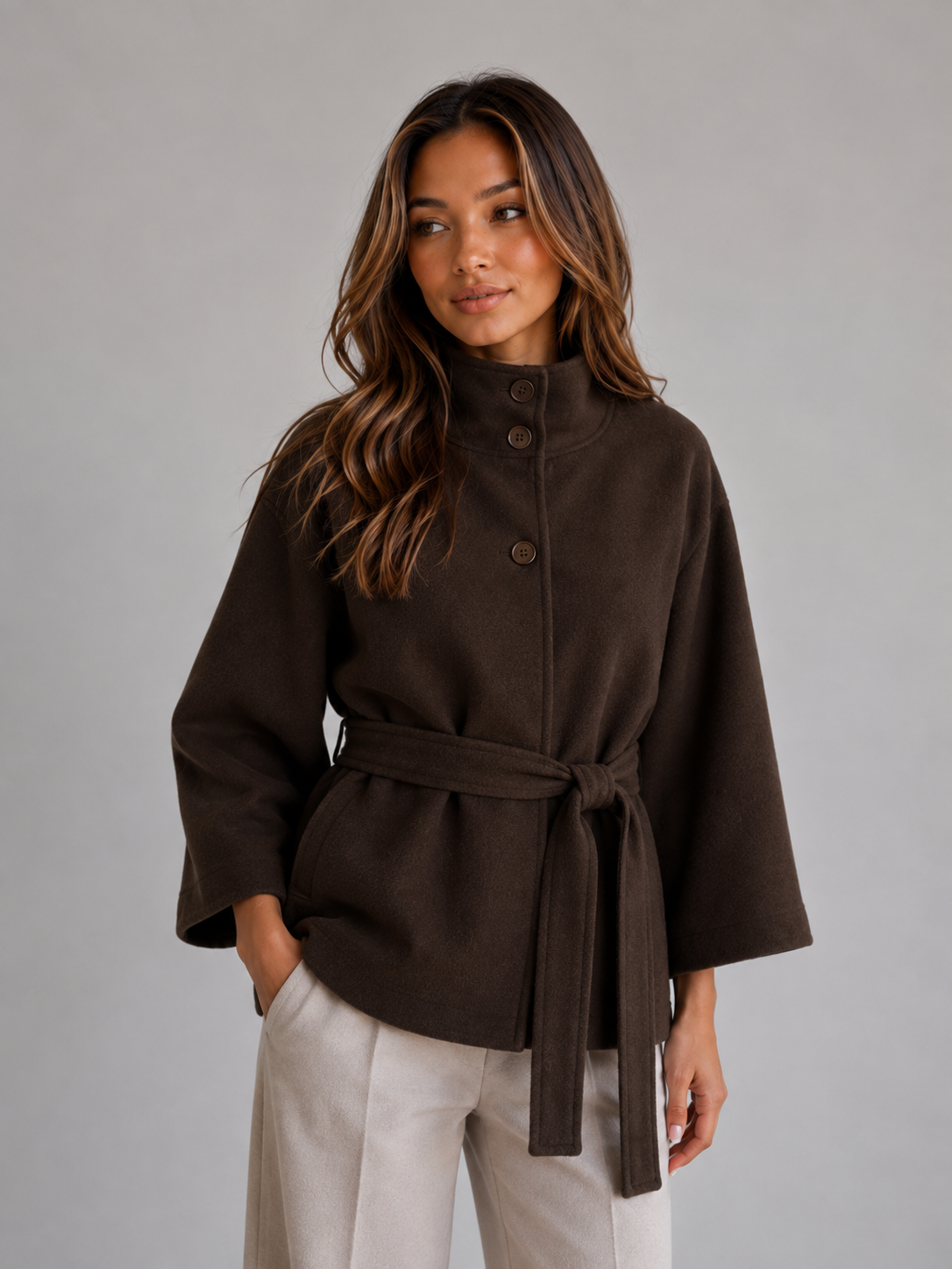 Wilma belted cape jacket stand collar - styled outfit