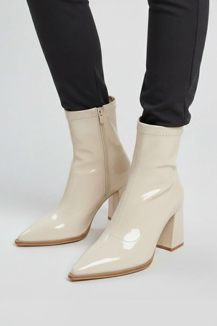Beige patent leather ankle boots worn with black pants on a white background