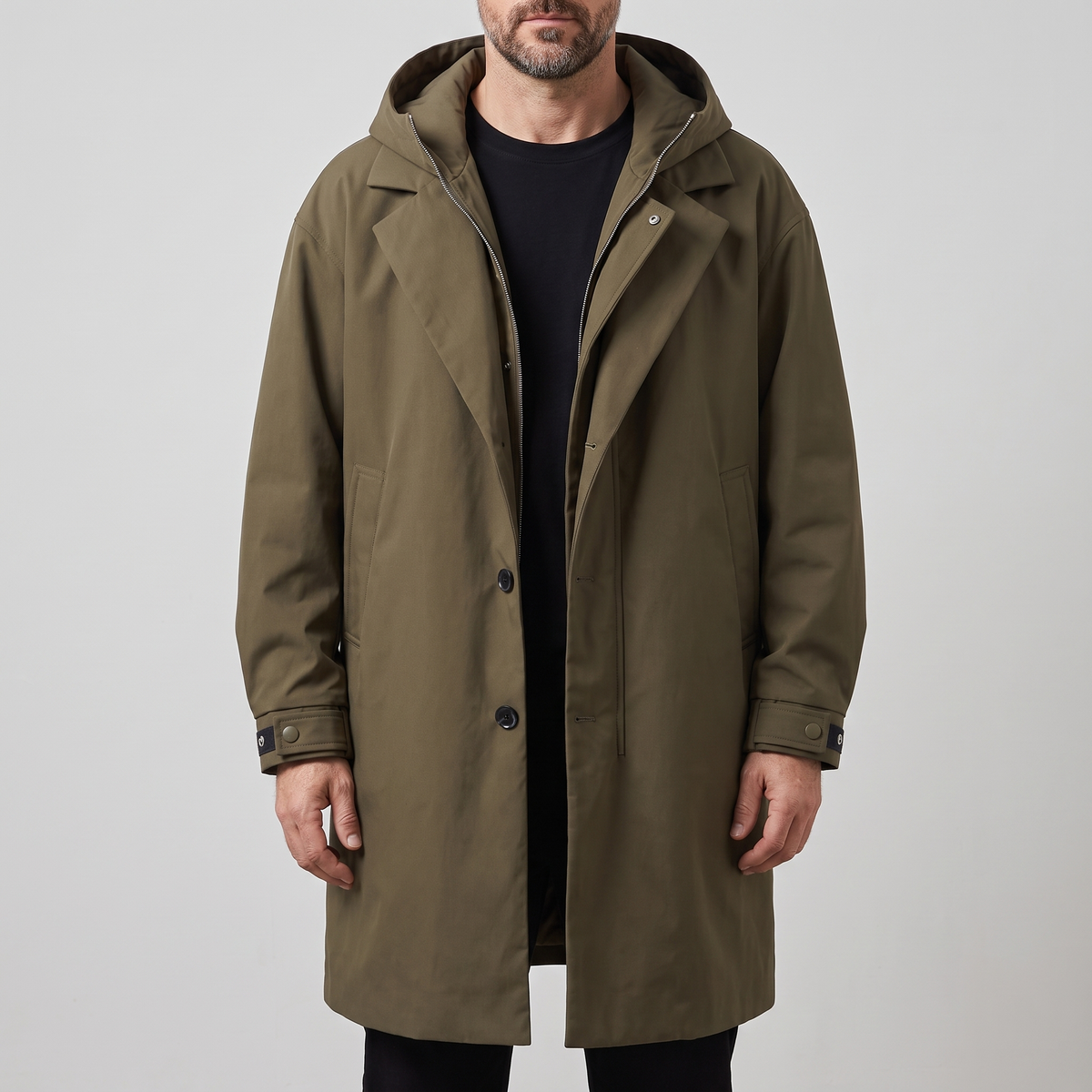 Winston hooded zip long overcoat, view 1