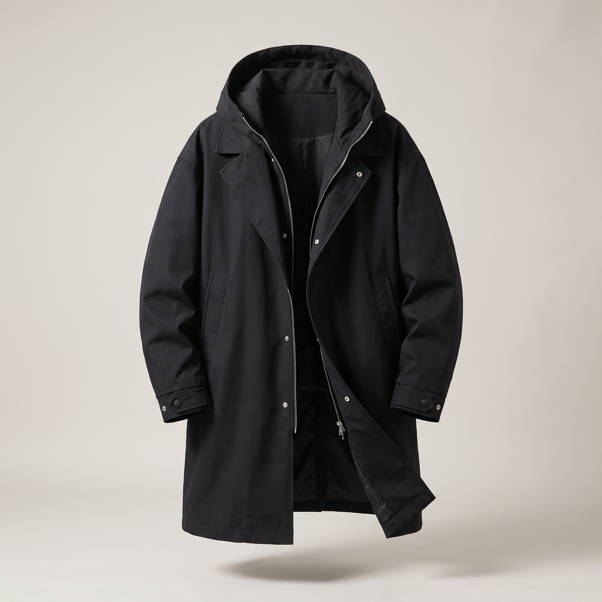 Winston hooded zip long overcoat, black