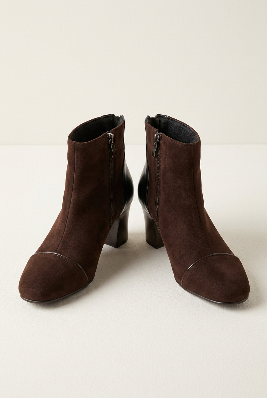 A pair of dark brown suede ankle boots with block heels and a cap toe, shown from the side on a light beige background.