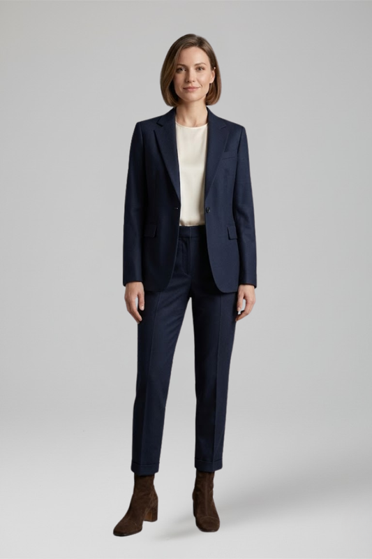 A woman modeling a navy blue tailored suit with a blazer and matching trousers, styled with a cream top and brown ankle boots against a light gray studio background.