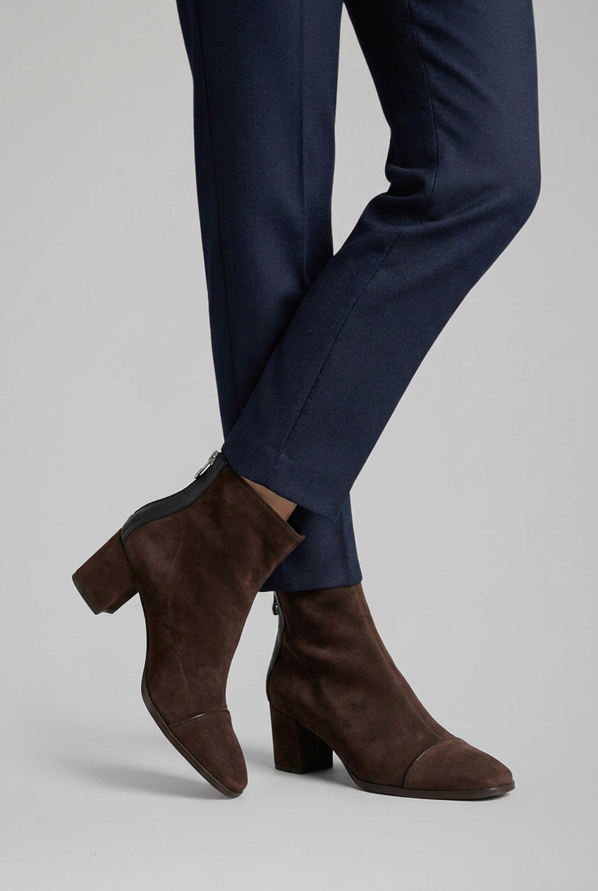 A close-up of a person's legs wearing dark brown suede ankle boots with block heels and navy blue trousers, set against a solid light gray background.