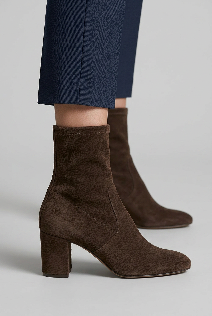 A pair of dark brown suede ankle boots with block heels, shown on a model wearing navy blue trousers against a light gray studio background.