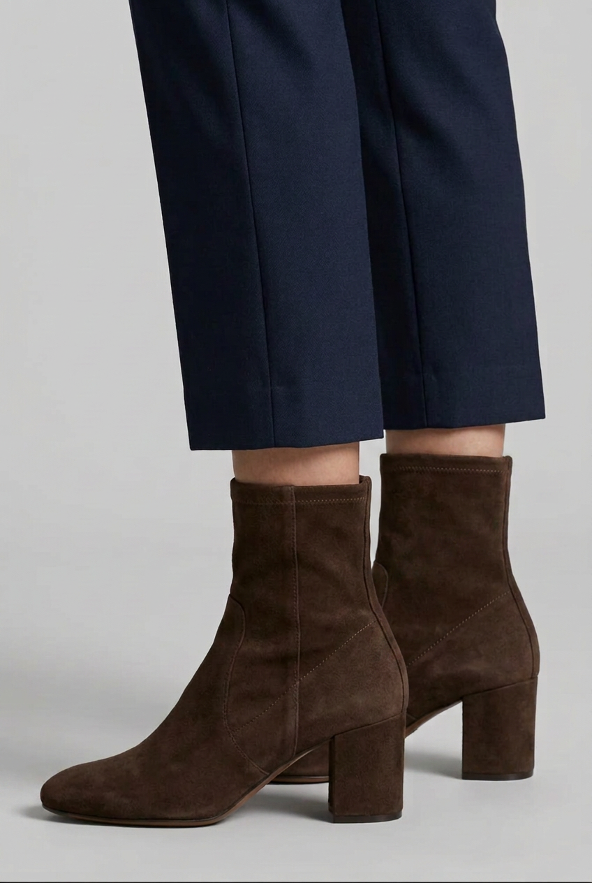 A pair of dark brown suede ankle boots with block heels, shown on a model wearing navy blue trousers against a light gray studio background.