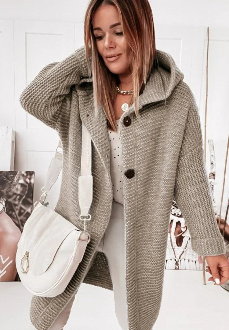 Wynne long hooded button cardigan, khaki