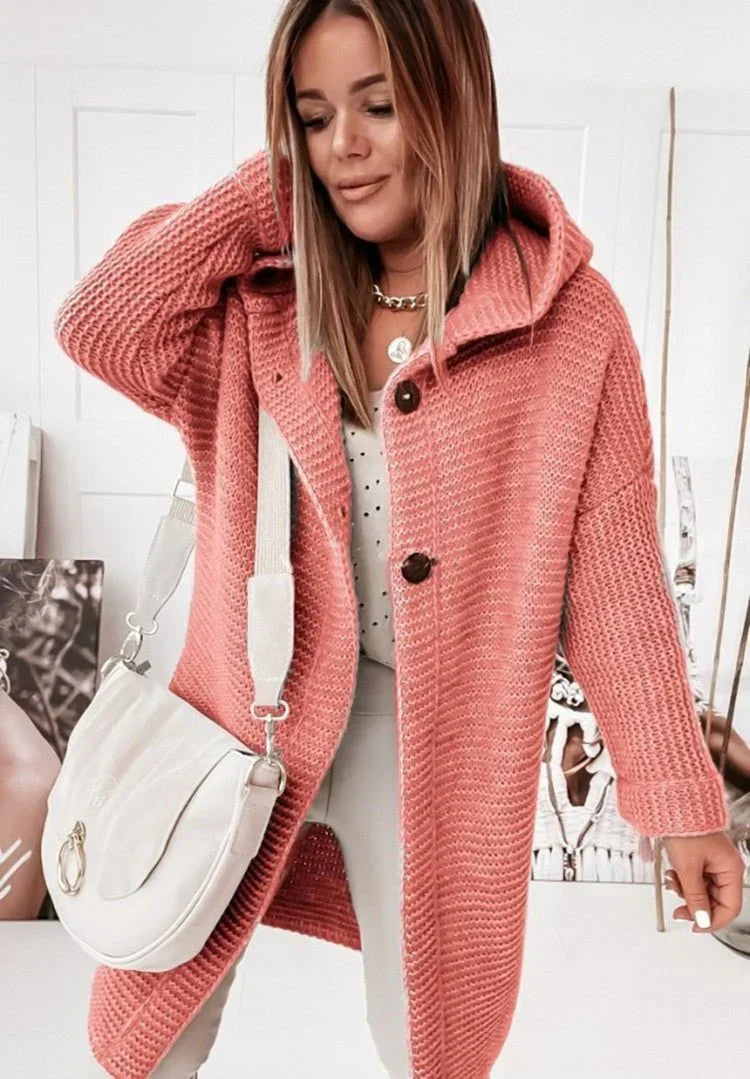 Wynne long hooded button cardigan, red