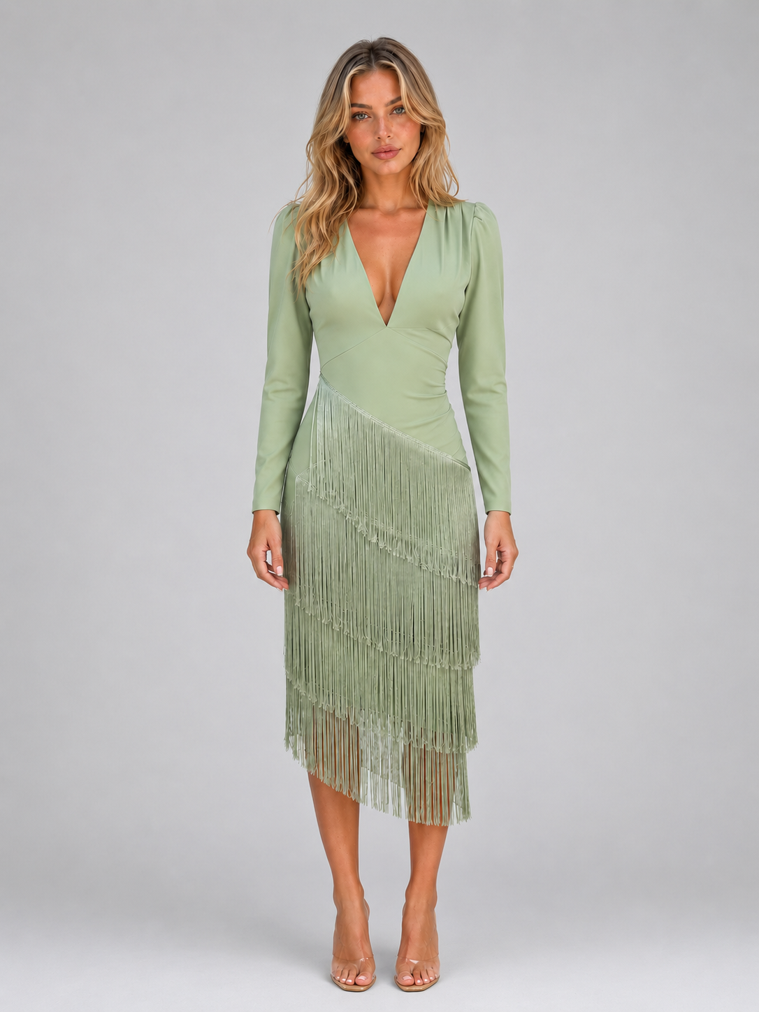 Yolanda fringe midi dress long sleeve - front view