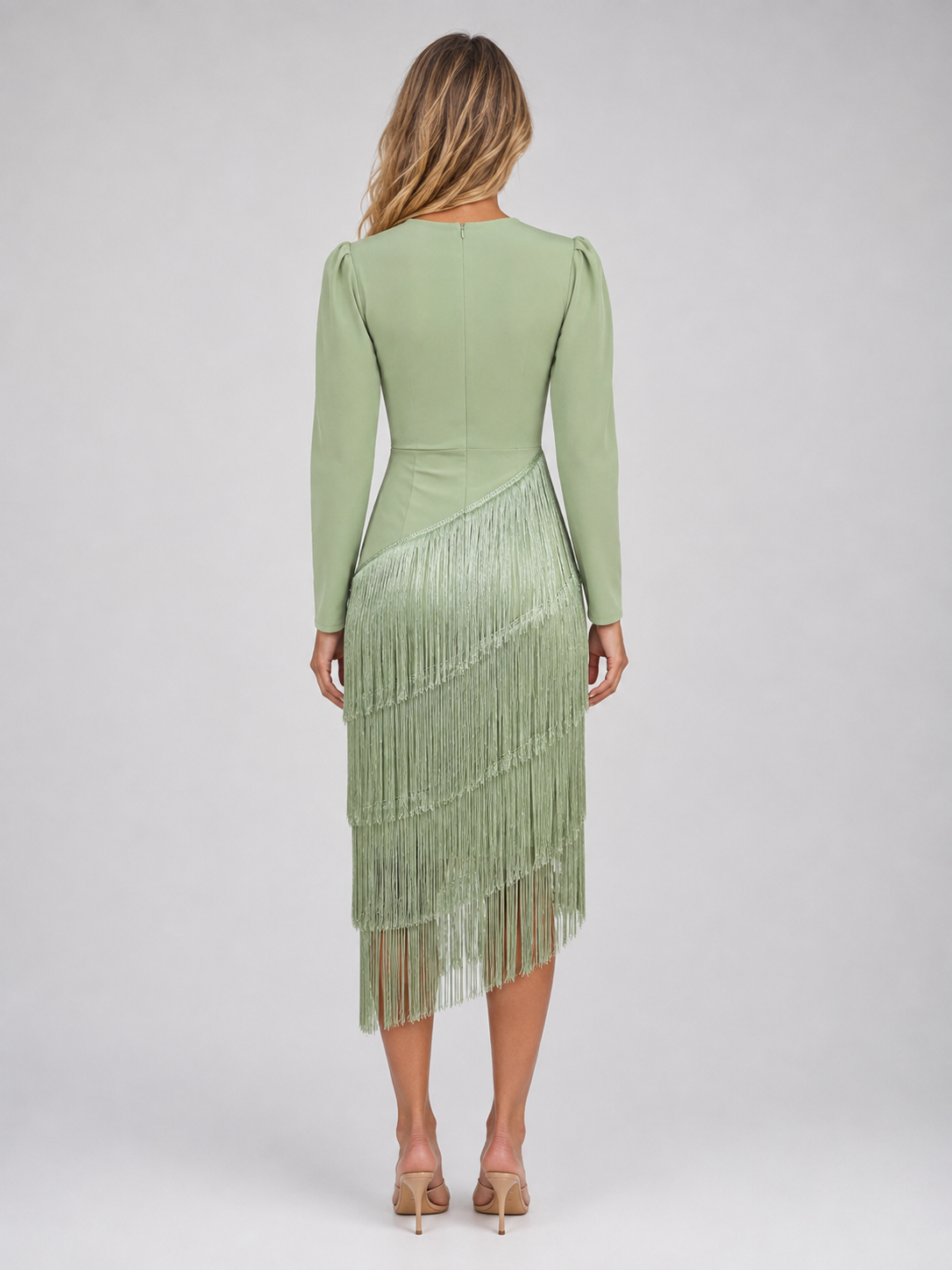 Yolanda fringe midi dress long sleeve - side view