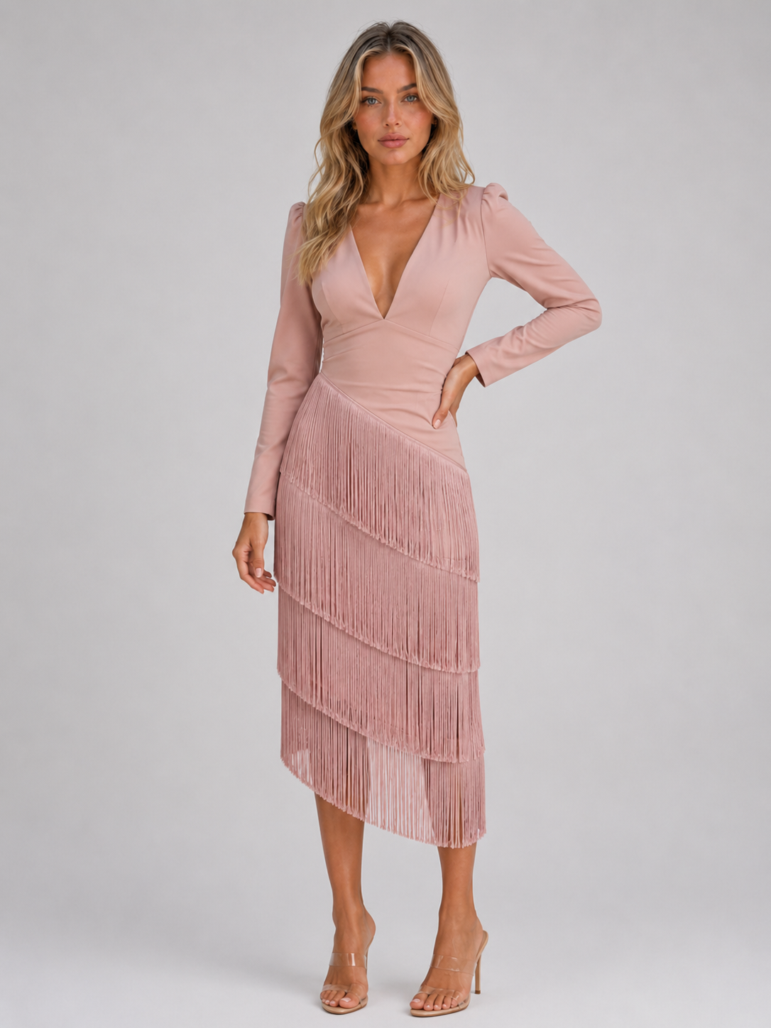 Yolanda fringe midi dress long sleeve - styled outfit