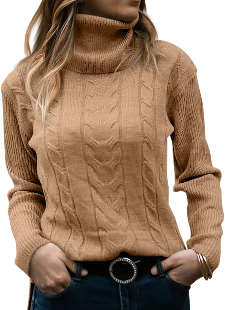 Zelda ribbed-cuff cable-knit turtleneck sweater, apricot