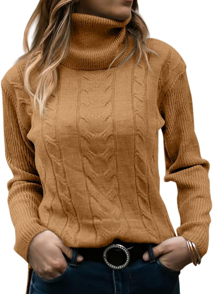 Zelda ribbed-cuff cable-knit turtleneck sweater, light brown