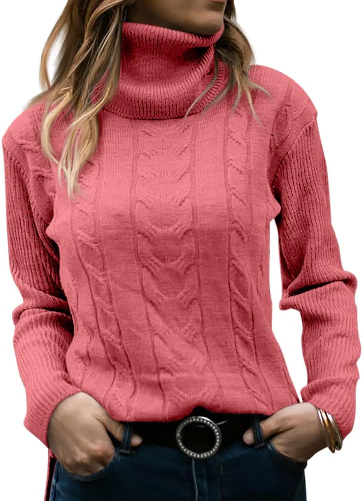 Zelda ribbed-cuff cable-knit turtleneck sweater, salmon pink